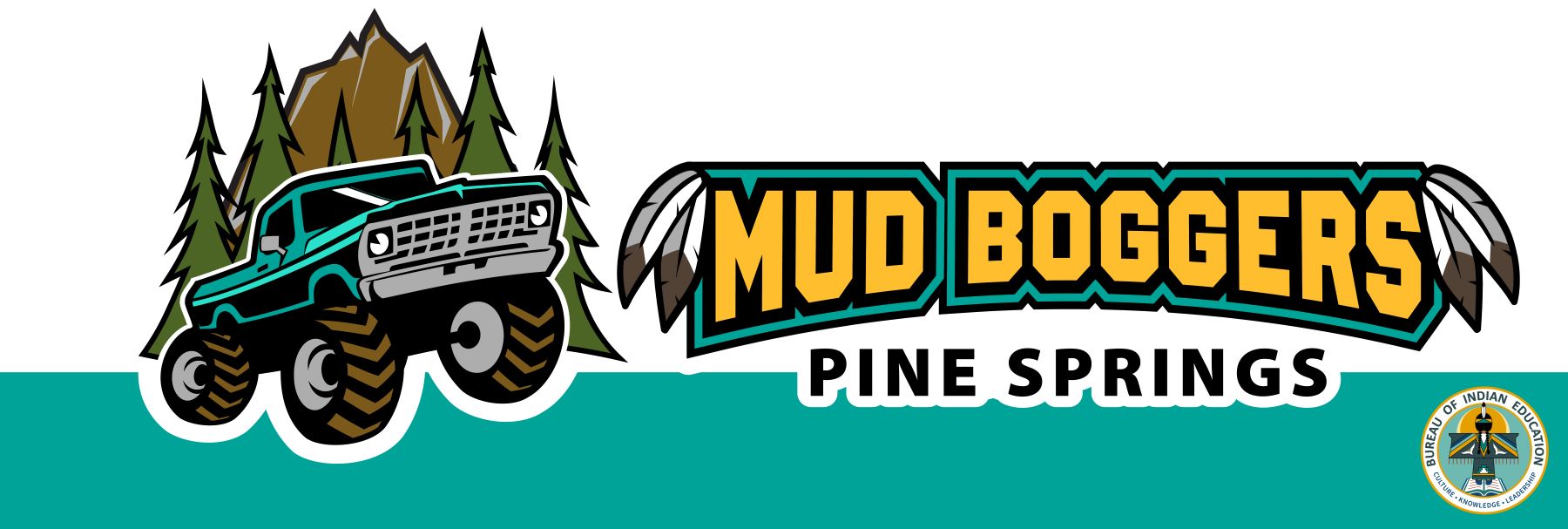 Logo of Mud Boggers Pine Springs featuring bold text and a big truck with mountains in the background.